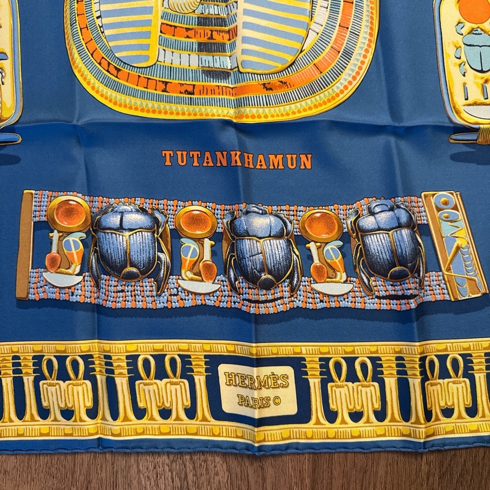 Vintage Hermes Egyptian Tutankhamun Silk-Style Scarf in Blue and Gold - Picture 4 of 9